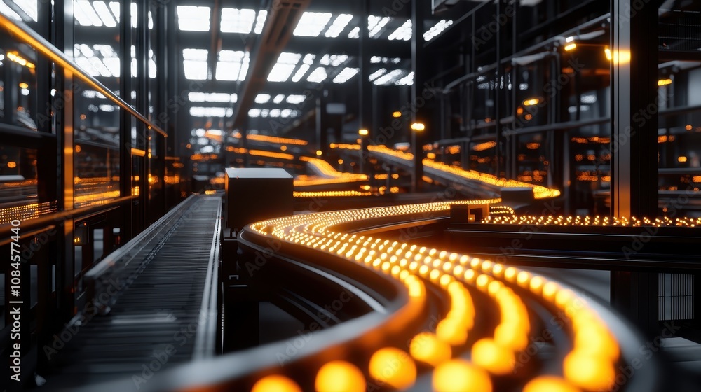 Industrial Conveyor System with Glowing Lights in a Warehouse Environment Representing Modern Automation and Logistics Processing Industrial Conveyor System with Glowing Lights in a Warehouse Environment Representing Modern Automation and Logistics Processing