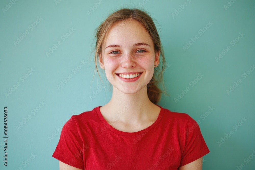 Fototapeta premium A happy young girl wearing a bright red shirt smiles directly at the camera