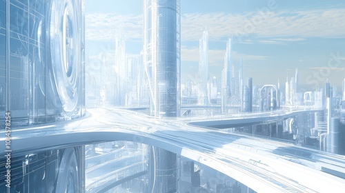 Futuristic Urban Landscape with Sleek Architecture and Transparent Structures Under Bright Sky, Evoking a Sense of Innovation and Advanced Technology