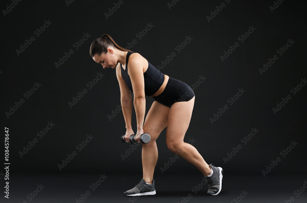 Obraz premium Woman exercising with dumbbells on black background