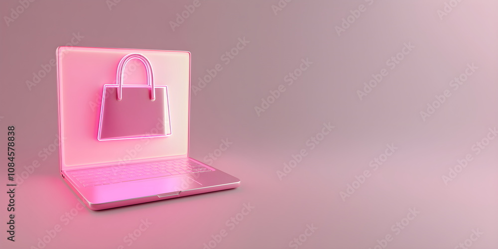 Neon modern banner with laptop and shopping bag. Online shopping cart on soft pink background. Cyber Monday sale, Online stores and virtual shops. Template with copy space for holiday discounts Neon modern banner with laptop and shopping bag. Online shopping cart on soft pink background. Cyber Monday sale, Online stores and virtual shops. Template with copy space for holiday discounts
