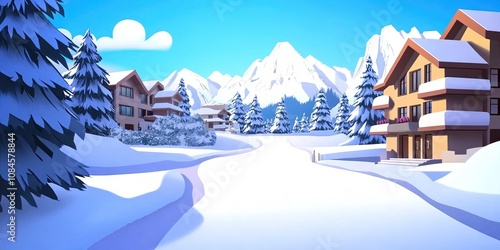 2D animated cartoon ski resort 