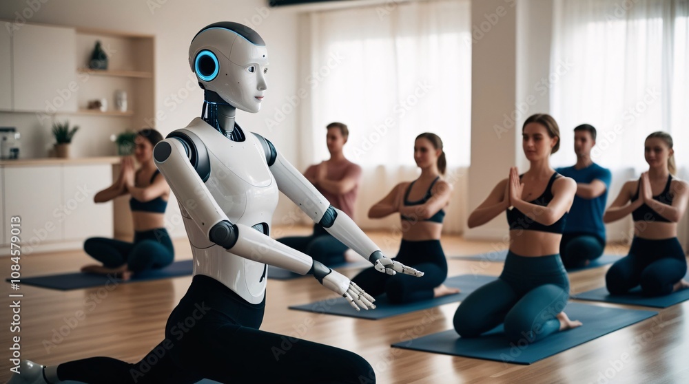 A humanoid robot demonstrates yoga poses while participants follow along in a spacious, well-lit studio. The atmosphere is calm, promoting relaxation and focus on wellness A humanoid robot demonstrates yoga poses while participants follow along in a spacious, well-lit studio. The atmosphere is calm, promoting relaxation and focus on wellness