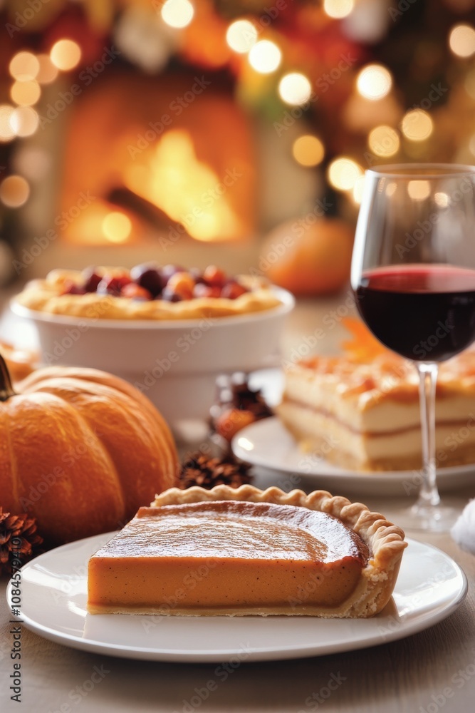 Delicious pumpkin pie slice on a plate with festive decorations and warm ambiance during autumn Delicious pumpkin pie slice on a plate with festive decorations and warm ambiance during autumn