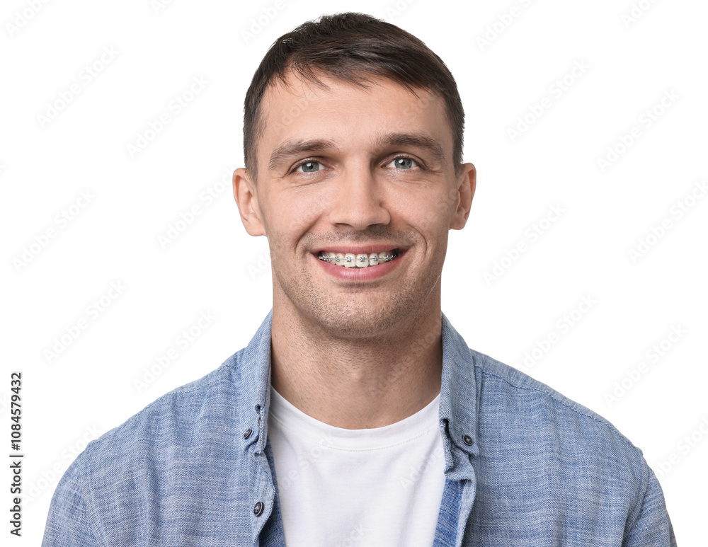 Smiling man with dental braces on white background