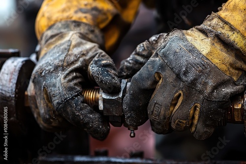 Close-Up of Worker’s Hands in Soiled Gloves Repairing Equipment with Precision and Care, Highlighting the Importance of Safety and Attention to Detail in Industrial Work