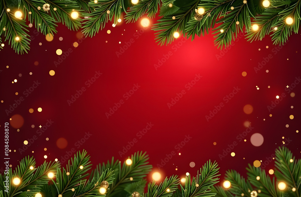 Christmas decorations border with fir branches and golden glitter confetti and sparkles of lights blur bokeh and red background