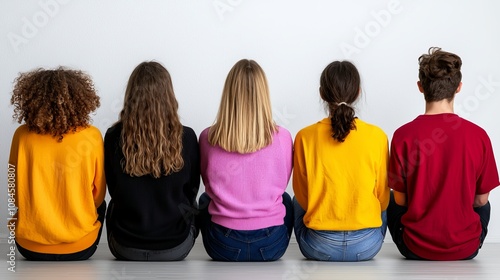 Five individuals of diverse backgrounds seated with their backs to the camera, showcasing colorful sweaters. photo