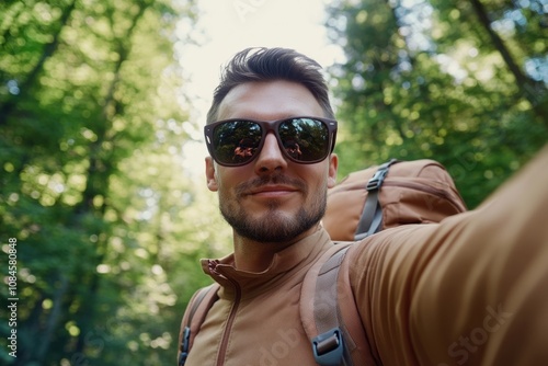 A person taking a selfie outdoors, wearing sunglasses and carrying a backpack