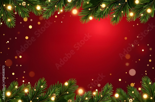 Obraz na płótnie Christmas decorations border with fir branches and golden glitter confetti and sparkles of lights blur bokeh and red background w salonie