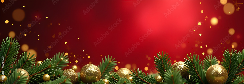 Christmas decorations border with fir branches and golden glitter confetti and sparkles of lights blur bokeh and red background Christmas decorations border with fir branches and golden glitter confetti and sparkles of lights blur bokeh and red background