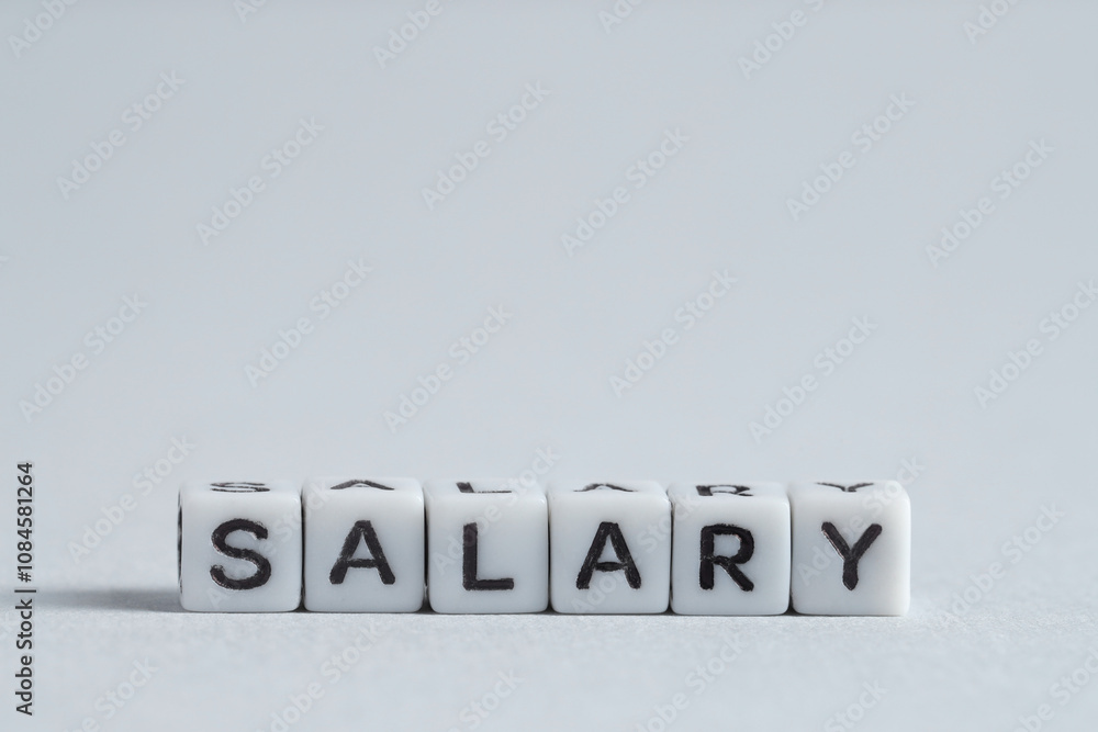 Word Salary made of cubes on light grey background, space for text Word Salary made of cubes on light grey background, space for text