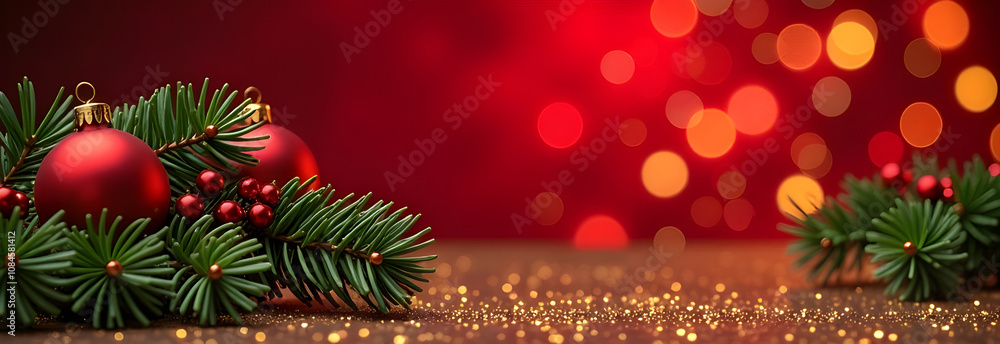 Christmas decorations border with fir branches and golden glitter confetti and sparkles of lights blur bokeh and red background