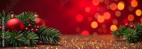 Obraz na płótnie Christmas decorations border with fir branches and golden glitter confetti and sparkles of lights blur bokeh and red background w salonie
