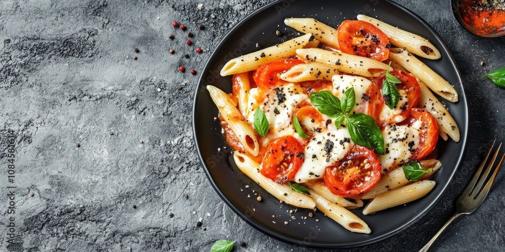 Freshly cooked pasta served with juicy tomatoes and melted cheese Freshly cooked pasta served with juicy tomatoes and melted cheese