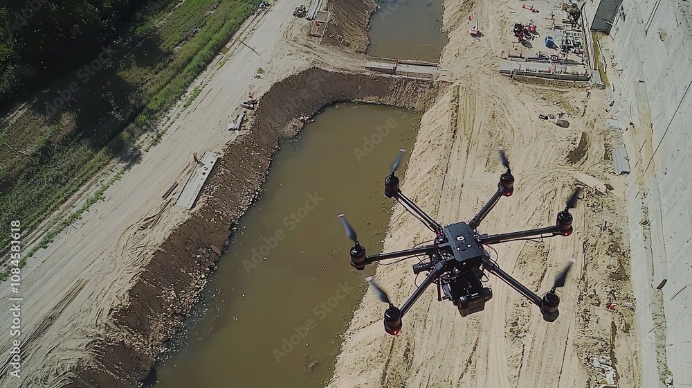 Aerial View of Construction Site with Drone Flying Over Excavated Earth and Water, Showcasing Modern Technology in Civil Engineering and Urban Development Aerial View of Construction Site with Drone Flying Over Excavated Earth and Water, Showcasing Modern Technology in Civil Engineering and Urban Development