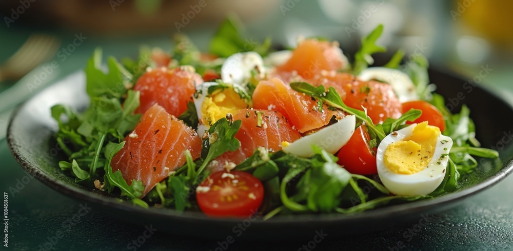 Fresh salad with salmon, eggs, and cherry tomatoes on a green textured surface in natural light Fresh salad with salmon, eggs, and cherry tomatoes on a green textured surface in natural light