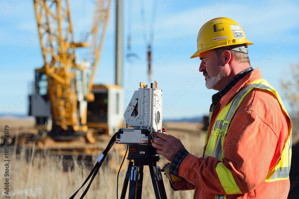 Construction Worker Using Surveying Equipment on Job Site with Heavy Machinery in Background under Clear Blue Sky Construction Worker Using Surveying Equipment on Job Site with Heavy Machinery in Background under Clear Blue Sky