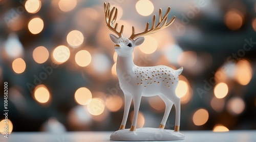 Elegant white deer figurine surrounded by warm festive lights at holiday season photo