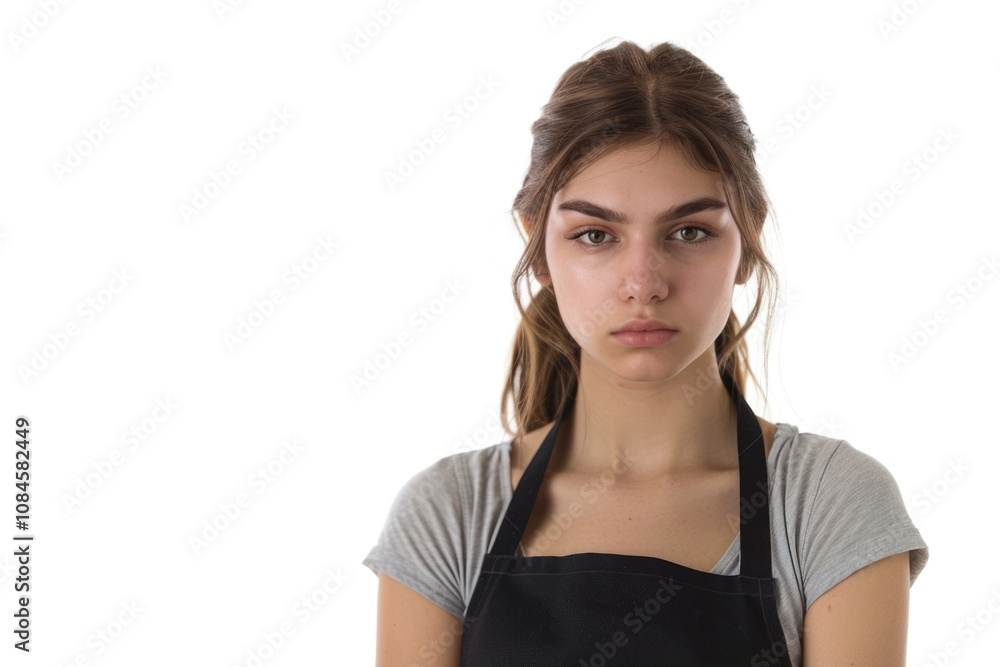 A woman wearing an apron stares directly into the camera, with a neutral expression A woman wearing an apron stares directly into the camera, with a neutral expression