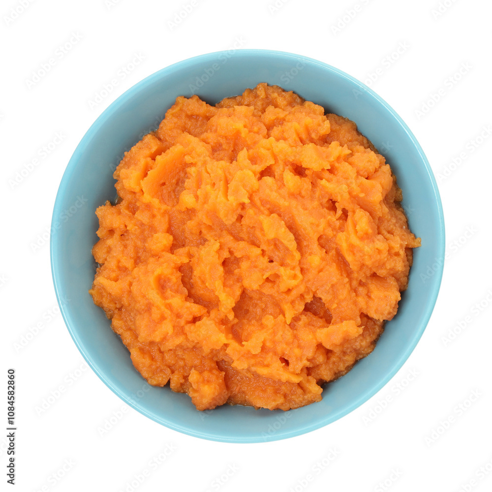 Tasty mashed sweet potato in bowl isolated on white, top view Tasty mashed sweet potato in bowl isolated on white, top view