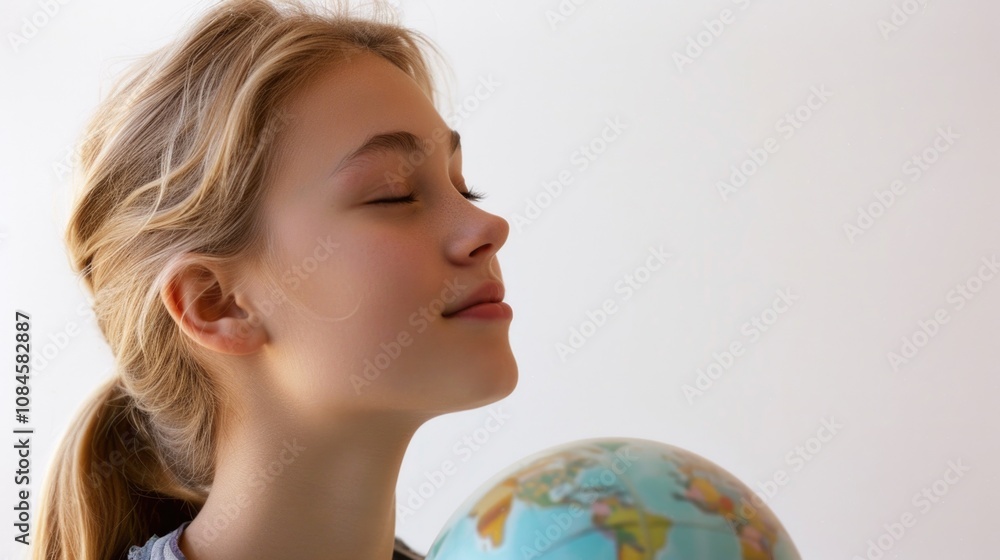 A girl holds a globe while her eyes are closed, possibly in contemplation or prayer A girl holds a globe while her eyes are closed, possibly in contemplation or prayer