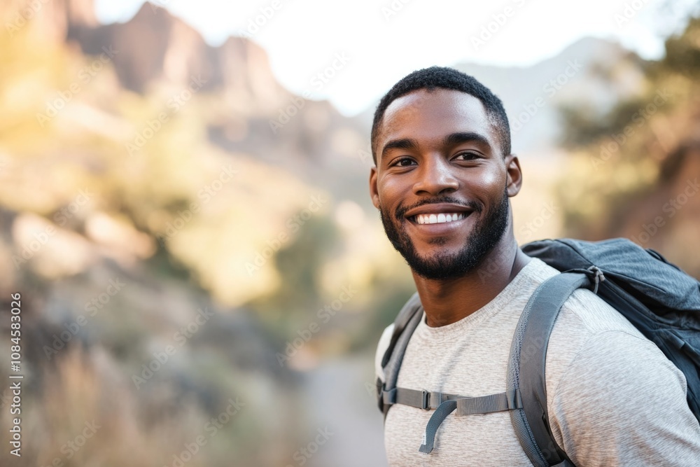 A happy hiker smiling at the camera while carrying a backpack, great for outdoor and travel themes A happy hiker smiling at the camera while carrying a backpack, great for outdoor and travel themes