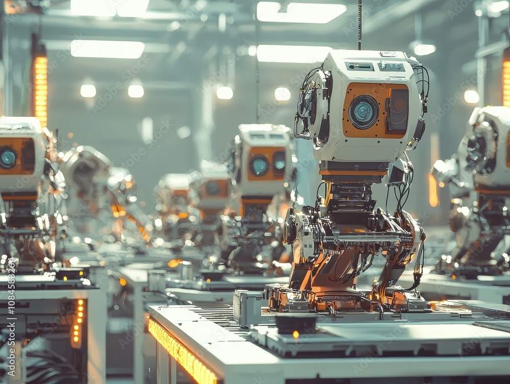 Futuristic Robots Engaged in Manufacturing Process in a High-Tech Industrial Setting with Advanced Machinery and Bright Ambient Lighting Futuristic Robots Engaged in Manufacturing Process in a High-Tech Industrial Setting with Advanced Machinery and Bright Ambient Lighting