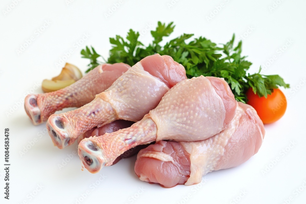 Fresh raw chicken legs accompanied by a tomato and some parsley, perfect for various culinary uses Fresh raw chicken legs accompanied by a tomato and some parsley, perfect for various culinary uses