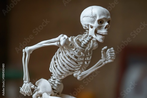 A skeleton sitting on top of a table, perfect for Halloween or spooky themed images photo