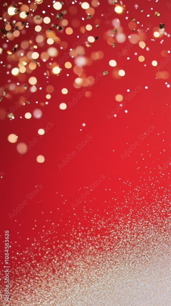 Sparkling golden particles float against a rich red background during festive celebrations Sparkling golden particles float against a rich red background during festive celebrations
