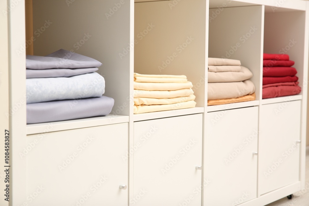 Fototapeta premium Folded bedsheets on shelving unit indoors. Home textile storage