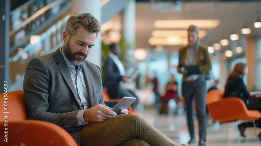 Business Professional in Modern Lobby Checking Emails for Corporate Meeting Preparation Business Professional in Modern Lobby Checking Emails for Corporate Meeting Preparation