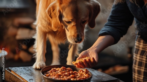 A dog enjoying its meal from a wooden table, great for pet or family related concepts photo