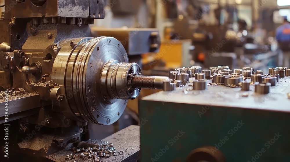 Industrial machine in workshop with metal parts and shavings, showcasing precision engineering and machining processes in manufacturing environment Industrial machine in workshop with metal parts and shavings, showcasing precision engineering and machining processes in manufacturing environment