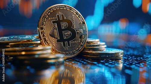 Bitcoin Cryptocurrency Coins on High-Speed Digital Background  photo