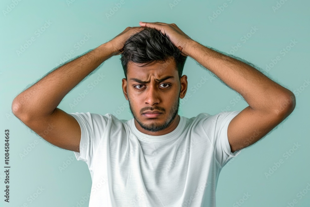 A man holds his head in discomfort, likely due to a headache or migraine A man holds his head in discomfort, likely due to a headache or migraine