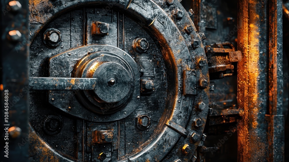 Close-up of a Rusty Industrial Vault Door with Textured Surface and Intricate Mechanisms in a Dimly Lit Environment Evoking a Sense of Mystery and Security Close-up of a Rusty Industrial Vault Door with Textured Surface and Intricate Mechanisms in a Dimly Lit Environment Evoking a Sense of Mystery and Security