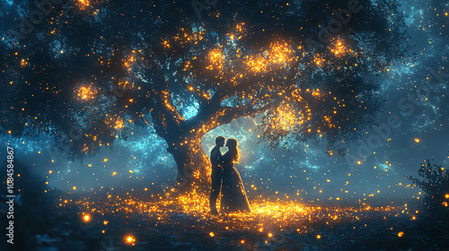 Fantasy-inspired love illustration with two people embracing under a tree with glowing fireflies, magical and dreamy atmosphere.