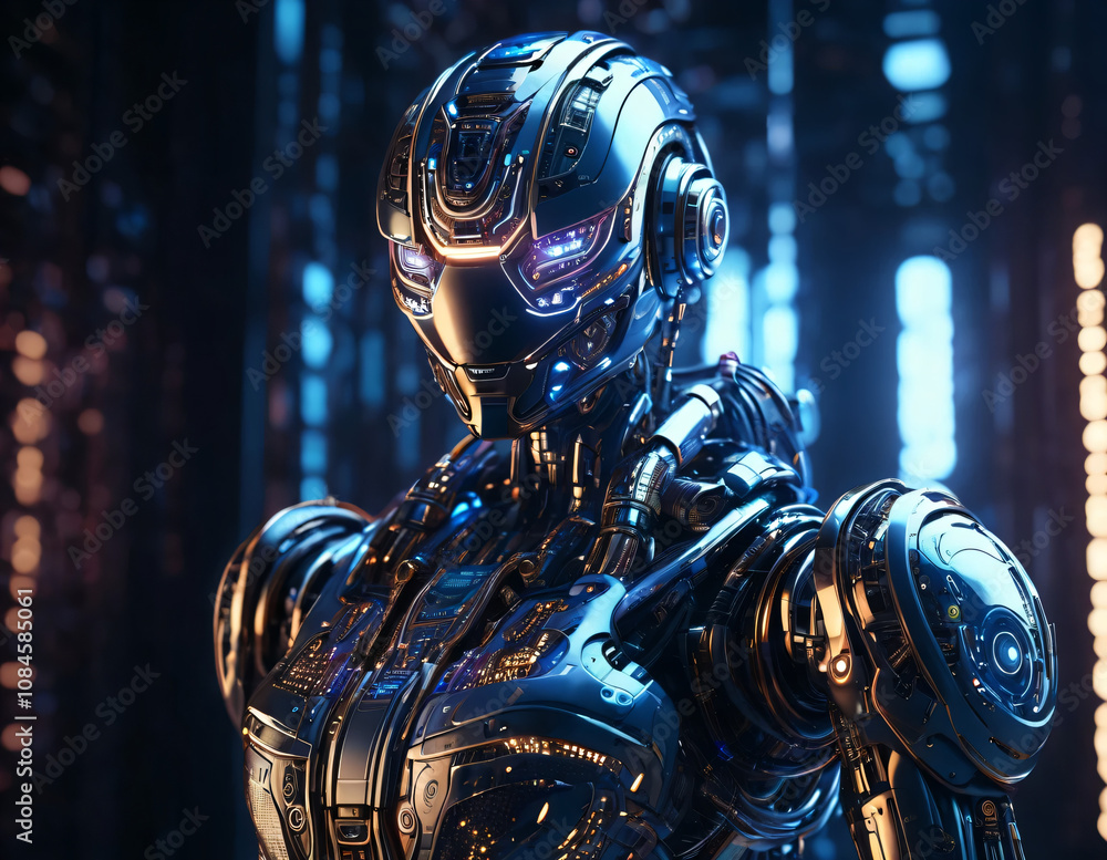 Highly detailed concept image of a futuristic android equipped with advanced technology and sophisticated artificial intelligence. The robot displays intricate machine structures and glowing circuits. Highly detailed concept image of a futuristic android equipped with advanced technology and sophisticated artificial intelligence. The robot displays intricate machine structures and glowing circuits.