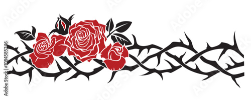 black crown of thorns with red roses isolated on white background