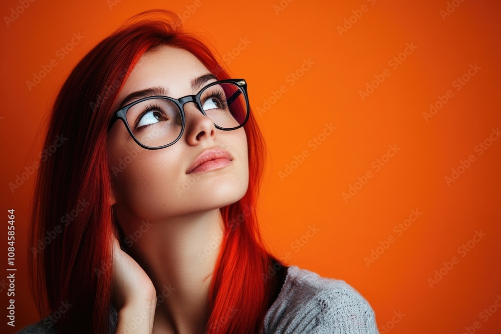 A person with bright red hair and glasses gazing upwards A person with bright red hair and glasses gazing upwards