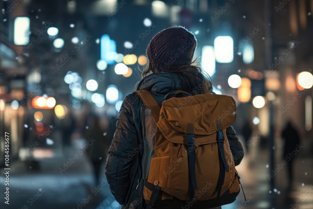 A person is walking down the street at night, carrying a backpack A person is walking down the street at night, carrying a backpack