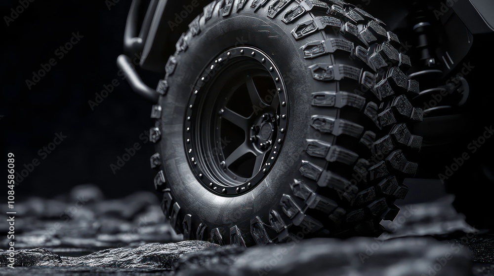 Closeup view of a large rugged offroad tire against a dark minimalist background This durable automotive equipment is designed for adventure and in challenging terrains Closeup view of a large rugged offroad tire against a dark minimalist background This durable automotive equipment is designed for adventure and in challenging terrains