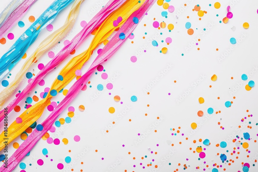 Fototapeta premium Brightly colored confetti and streamers scattered on a clean white surface, perfect for parties or celebrations