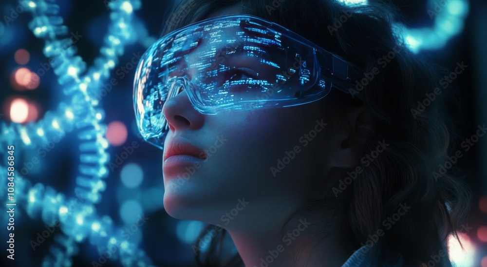 A person with braided hair watches mesmerizing data projections through advanced, glowing glasses A person with braided hair watches mesmerizing data projections through advanced, glowing glasses