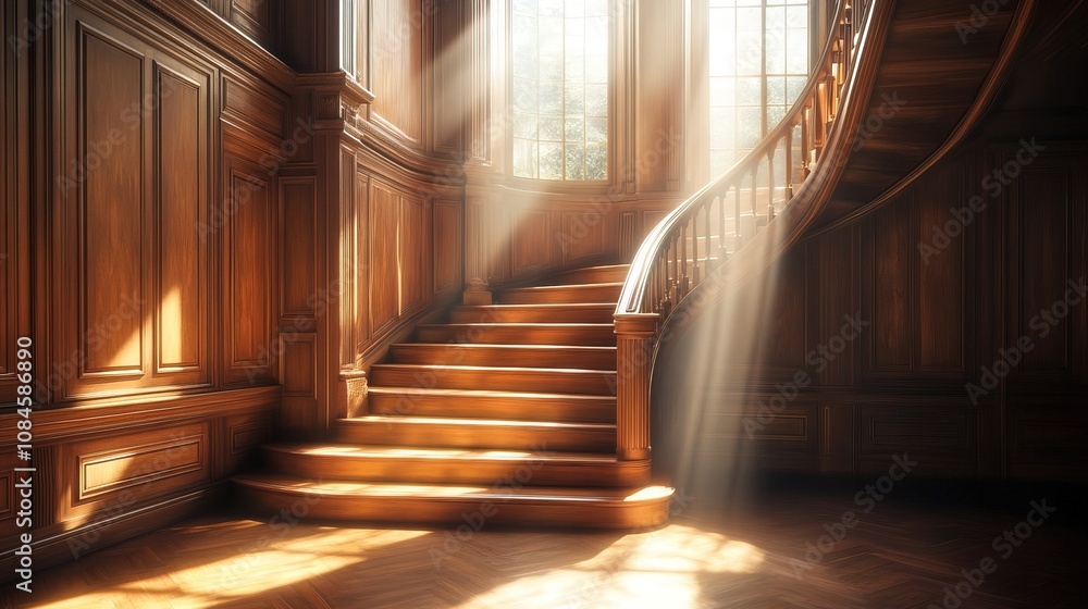 Obraz premium Elegant wooden staircase illuminated by natural sunlight
