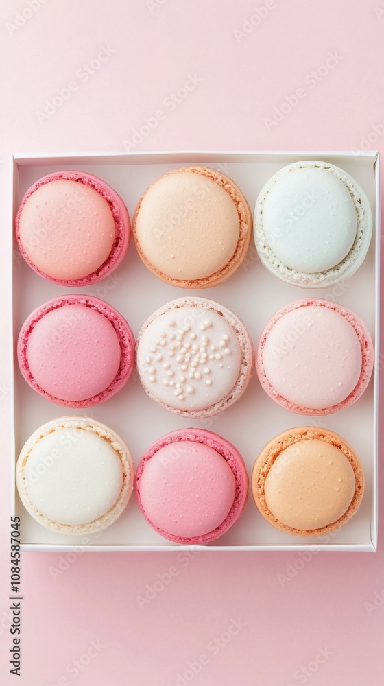 Colorful macarons arranged in a box on pastel background for a sweet treat display Colorful macarons arranged in a box on pastel background for a sweet treat display