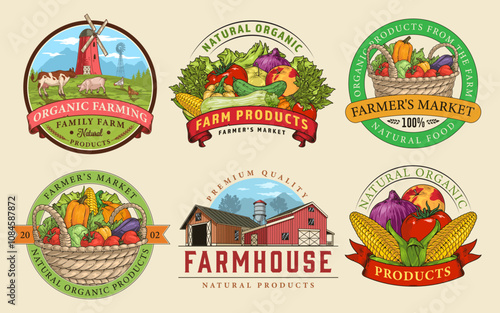 Colorful farm product labels from a local market