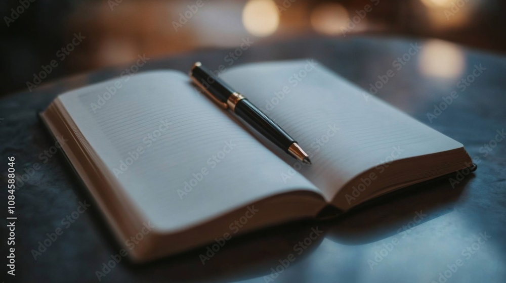 Open notebook with pen on a table. Open notebook with pen on a table.